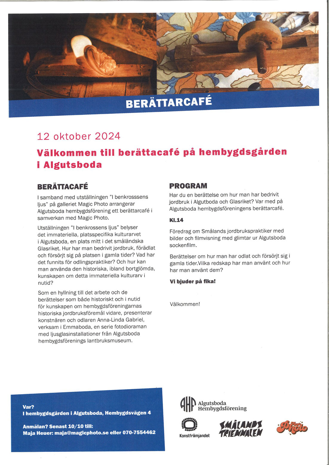 Algutsboda Hembygdsförening - Berättarcafé, 12 oktober 2024