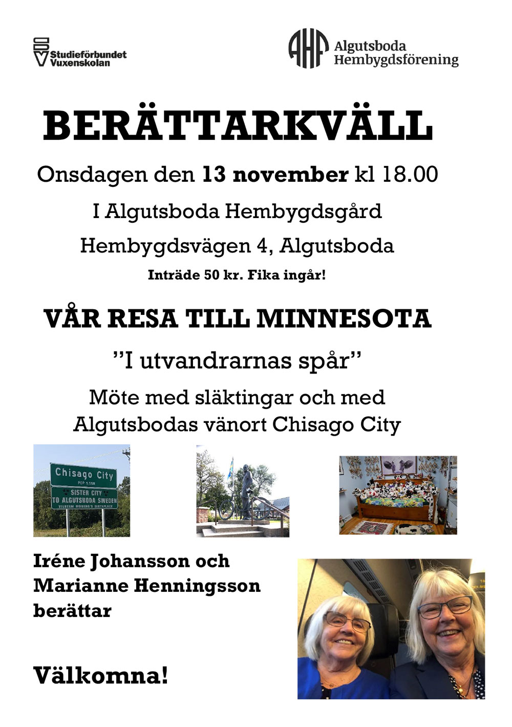 Algutsboda Hembygdsförening - Berättarkväll "Vår resa till Minnesota", 13 november 2024